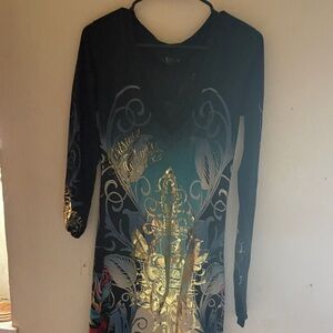 Christian Audigier Black and Gold Long Sleeve Dress